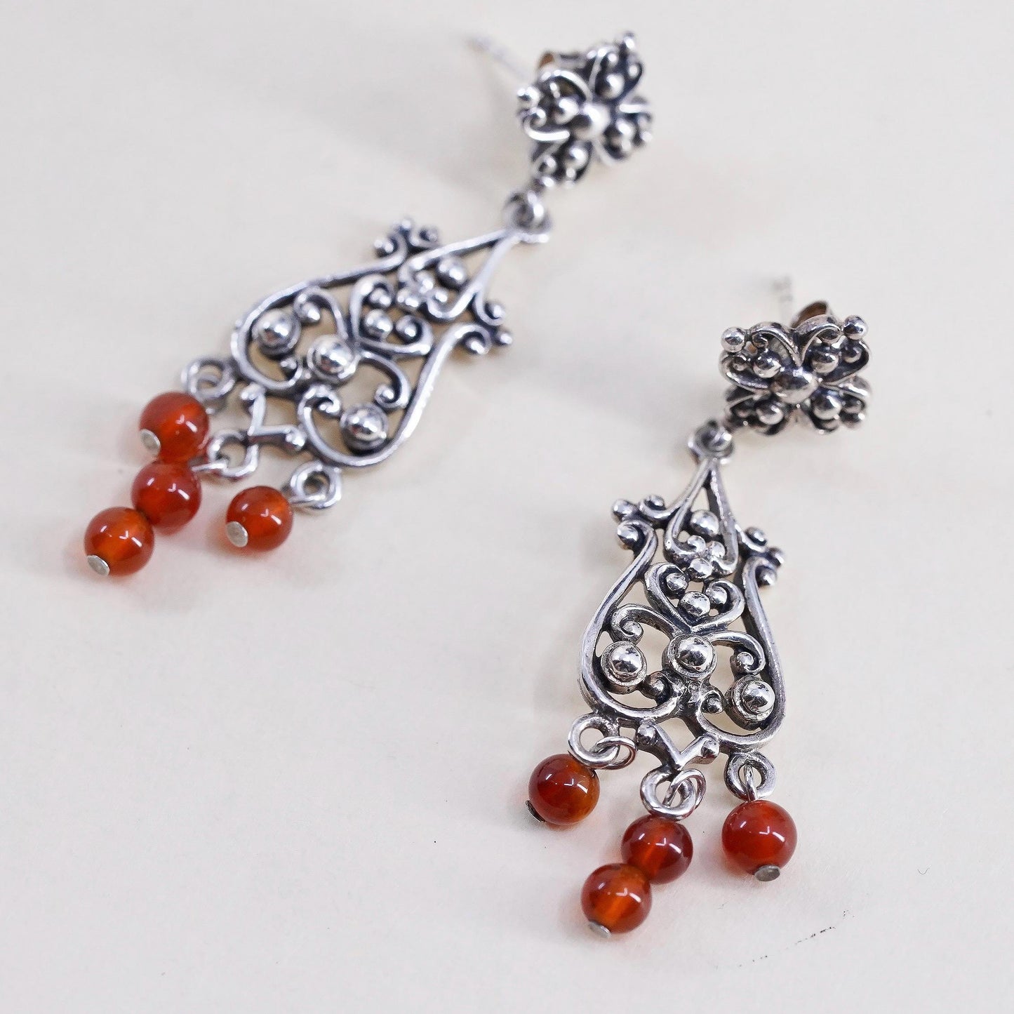Vintage Sterling silver 925 handmade swirly filigree earrings carnelian beads
