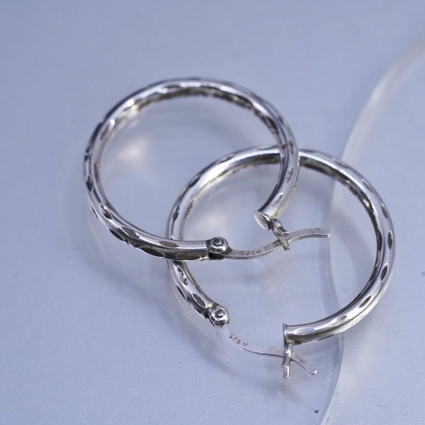 1”, vintage Sterling silver handmade earrings, textured 925 hoops
