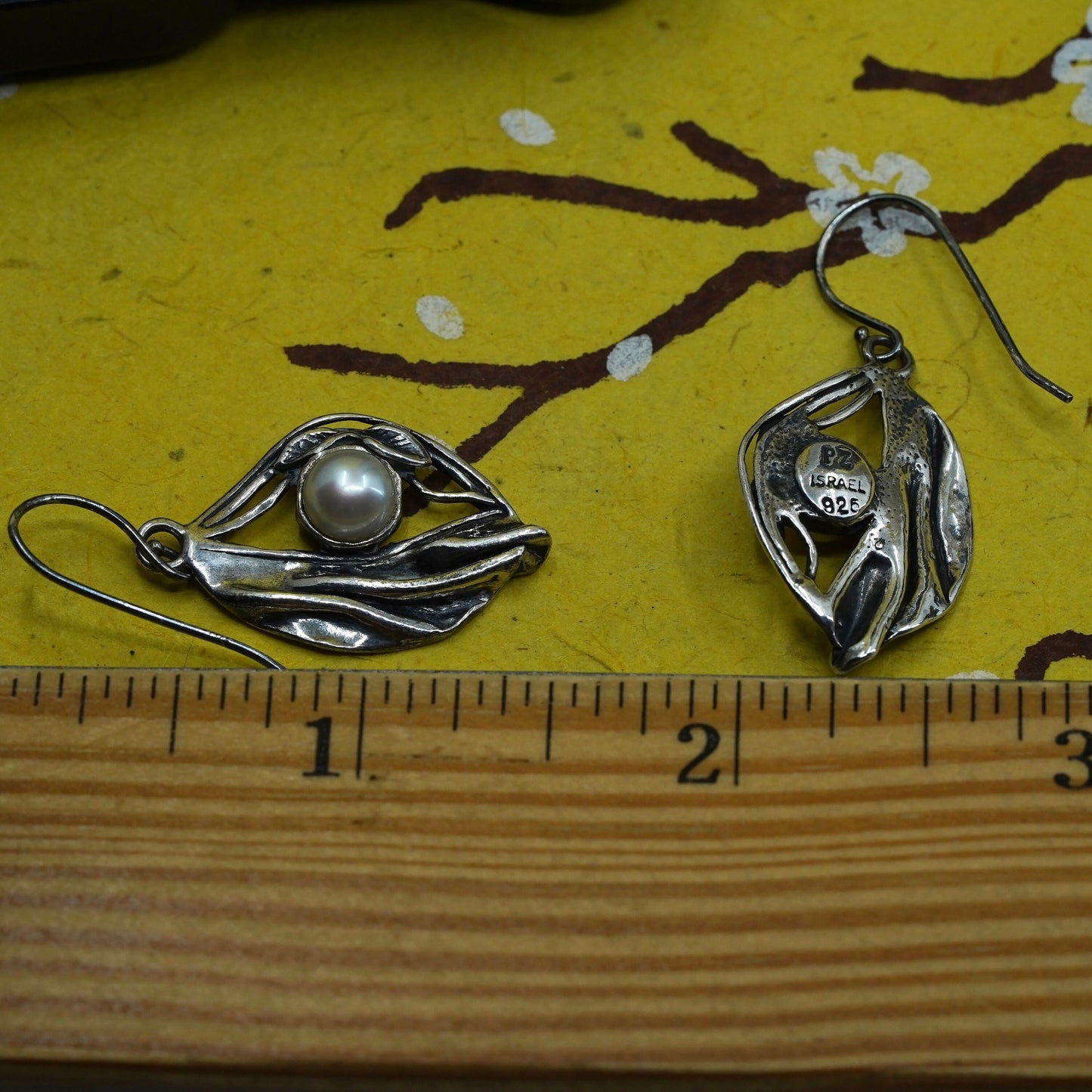 vintage Israel PZ Sterling silver 925 handmade leaf earrings with pearl
