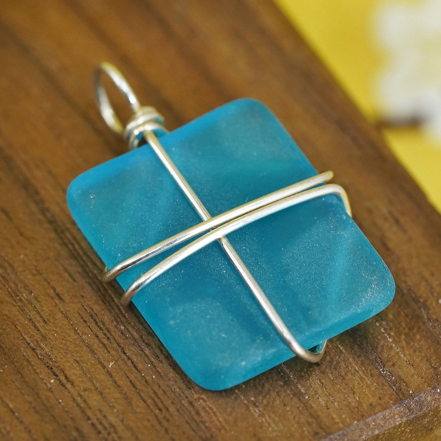 Vintage Sterling 925 silver handmade pendant with sea washed blue glass, unique