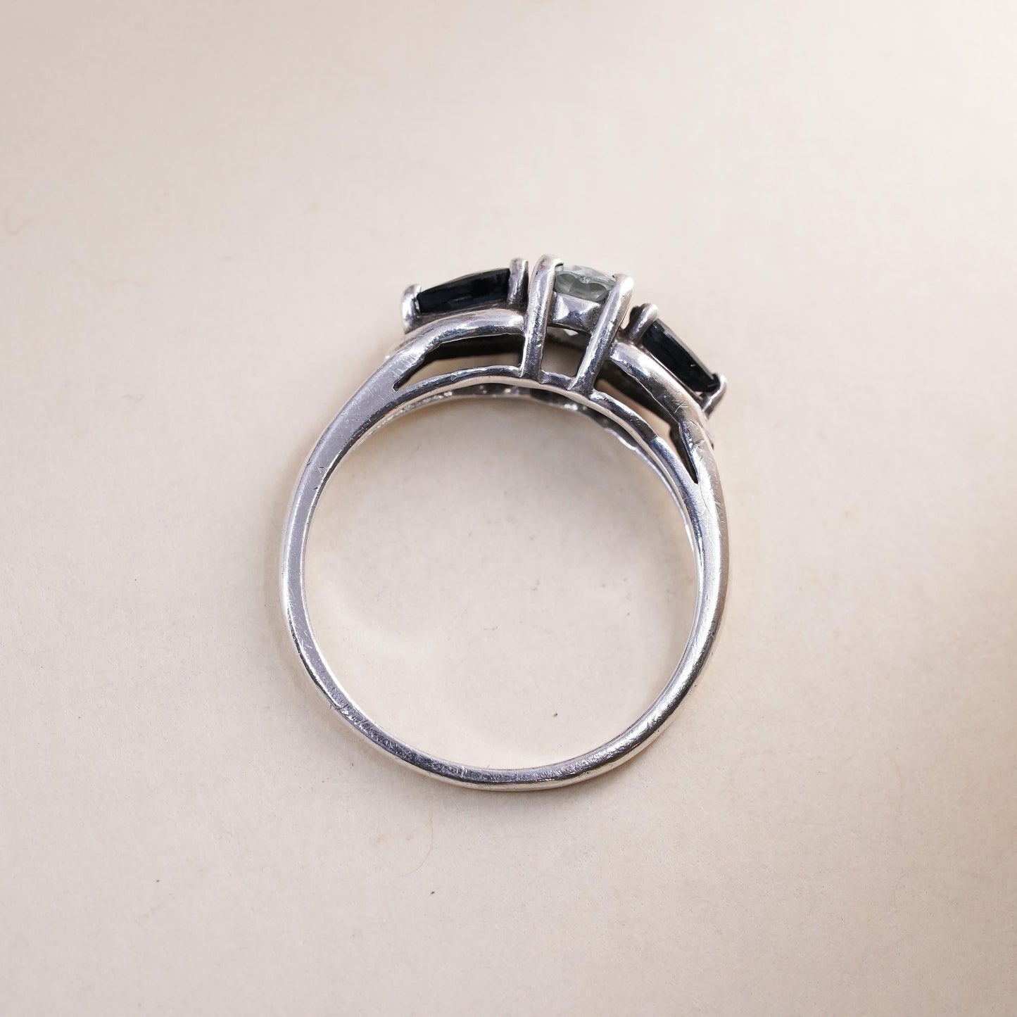 Size 6, vintage Sterling 925 silver engagement ring with crystal and sapphire