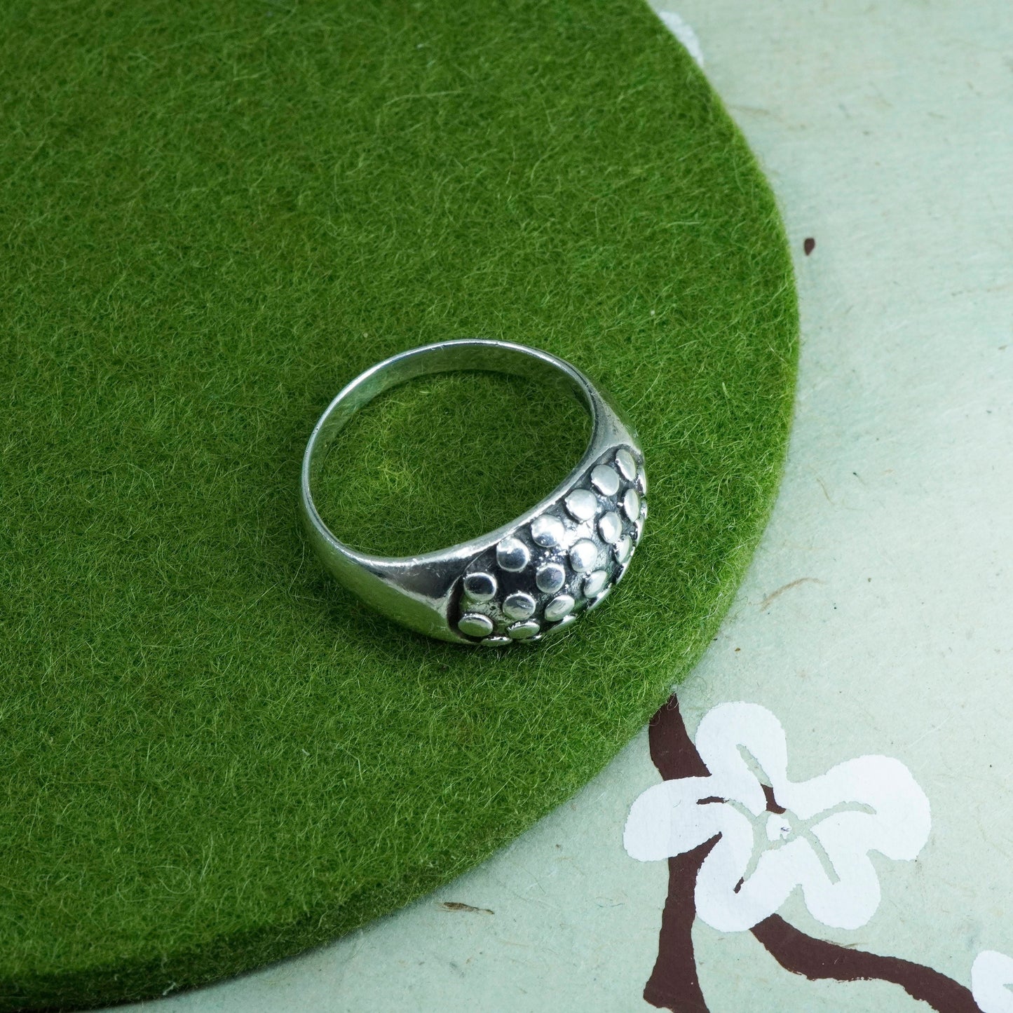 Size 9, vintage sterling silver handmade statement ring, 925 band with beads