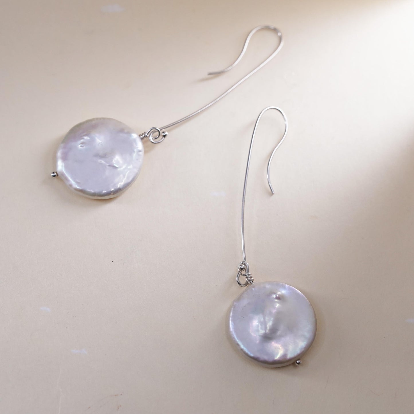 Vintage sterling silver handmade earrings, 925 hooks with coin pearl