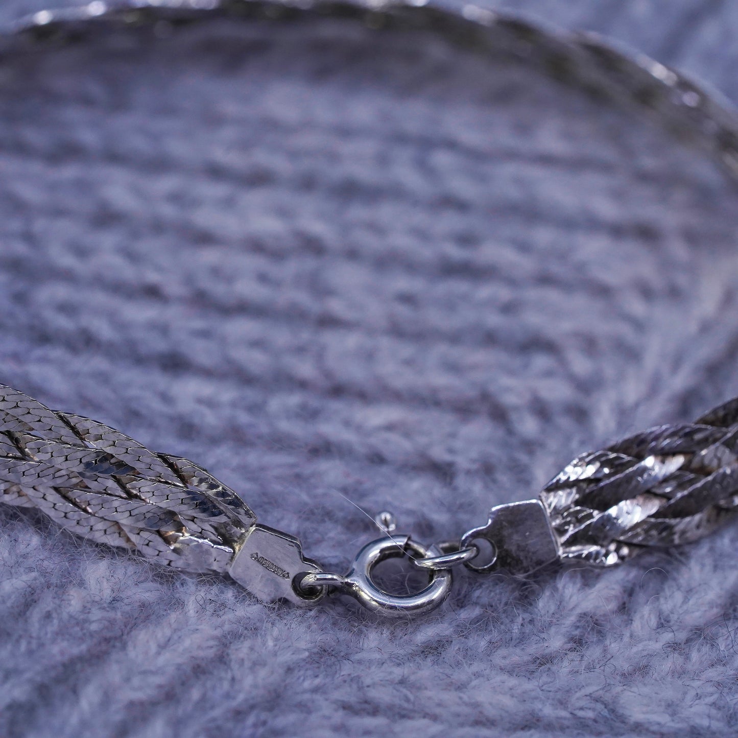 7", 8mm, vintage Sterling silver bracelet, textured 925 herringbone woven chain