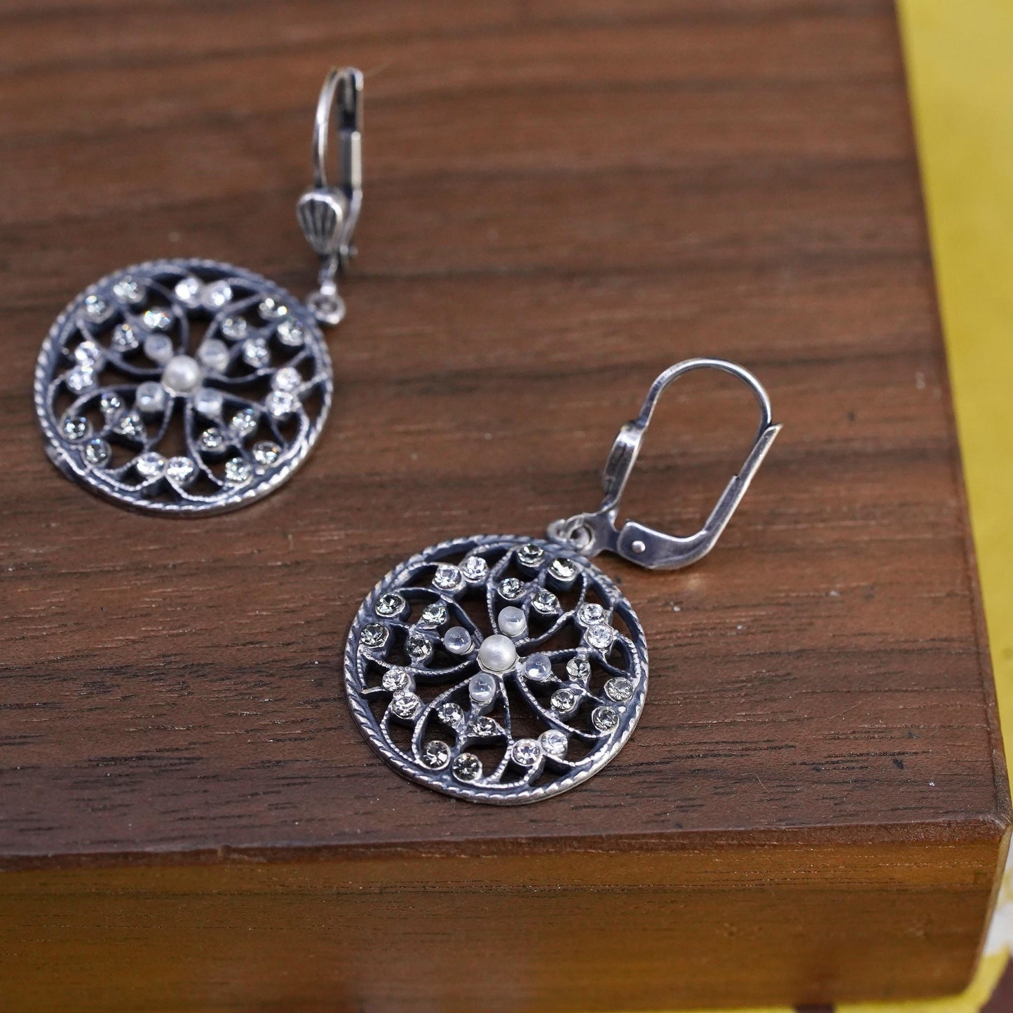 Vintage Sterling silver handmade earrings, 925 circle with cluster cz and pearl