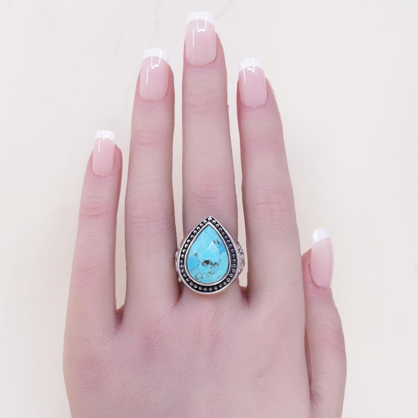 Size 7, Southwestern sterling silver ring, filigree 925 ring teardorp turquoise