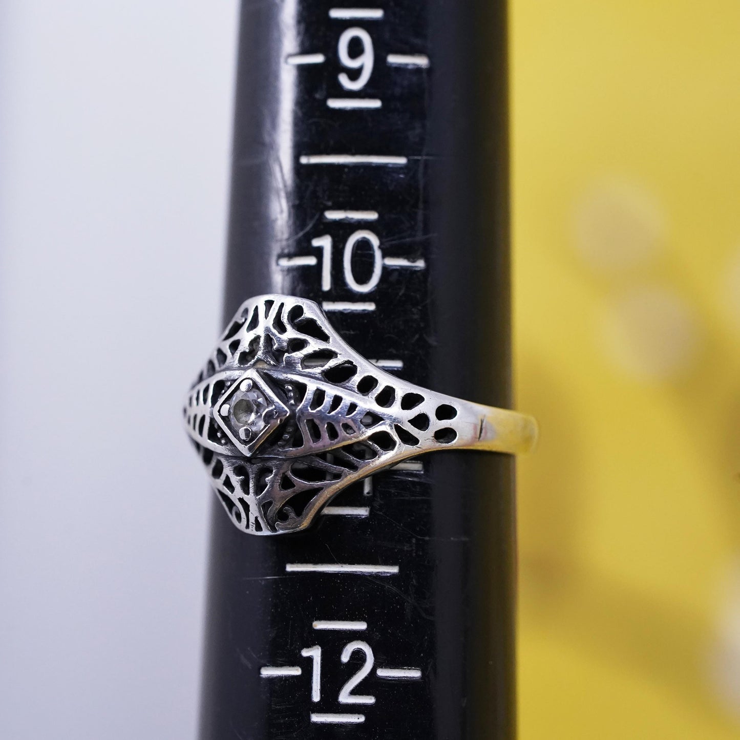 Size 11, vintage Sterling silver handmade ring, 925 filigree band with cz