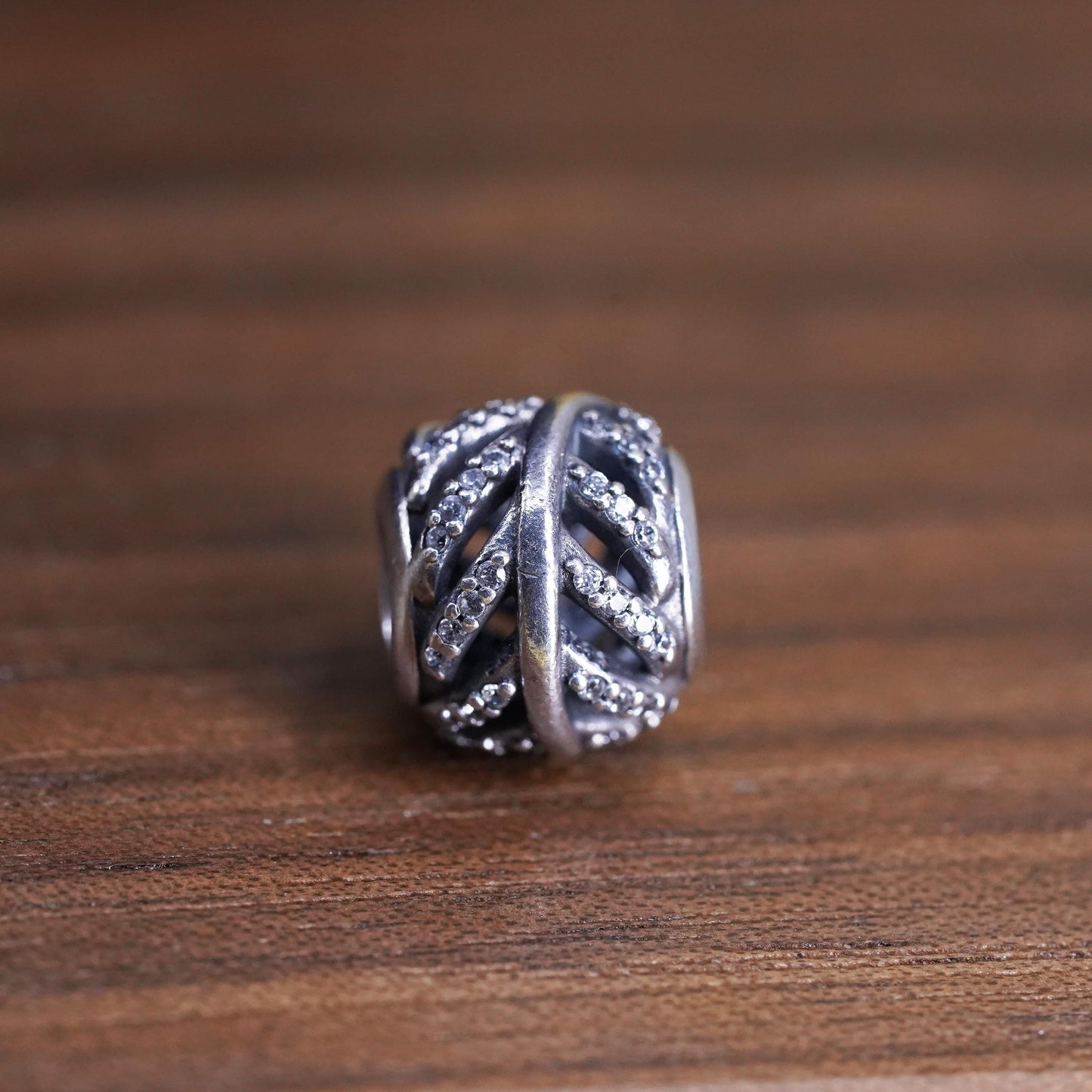 Vintage Sterling 925 silver handmade pendant leaf bead charm with cluster cz