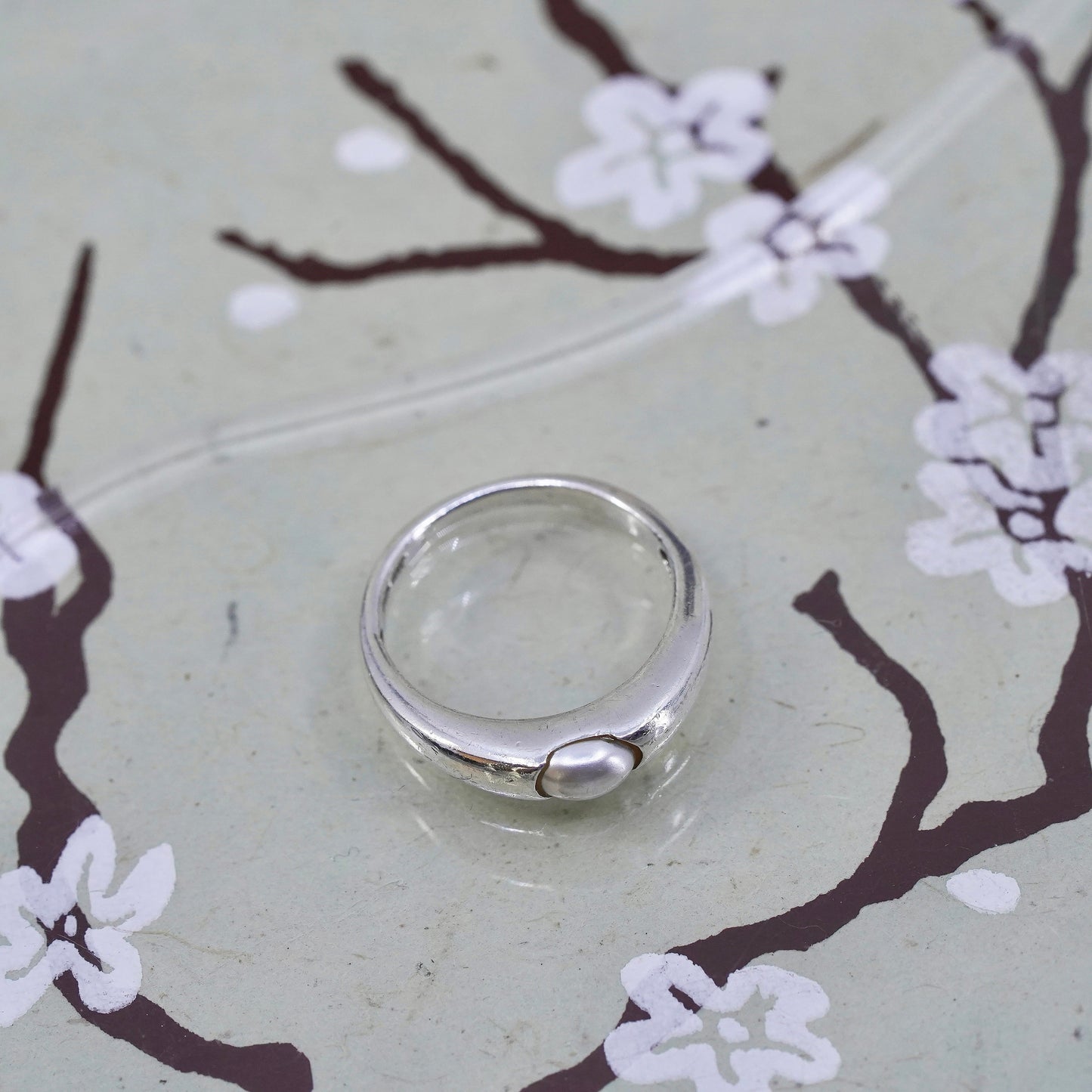 Size 5, vintage sterling 925 silver handmade ring band with pearl, modernist