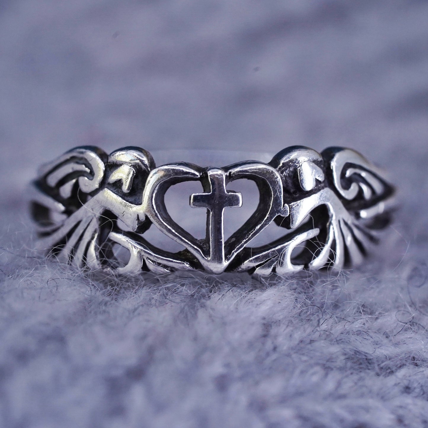 Size 5.5, sterling silver handmade ring, 925 filigree heart angel band cross