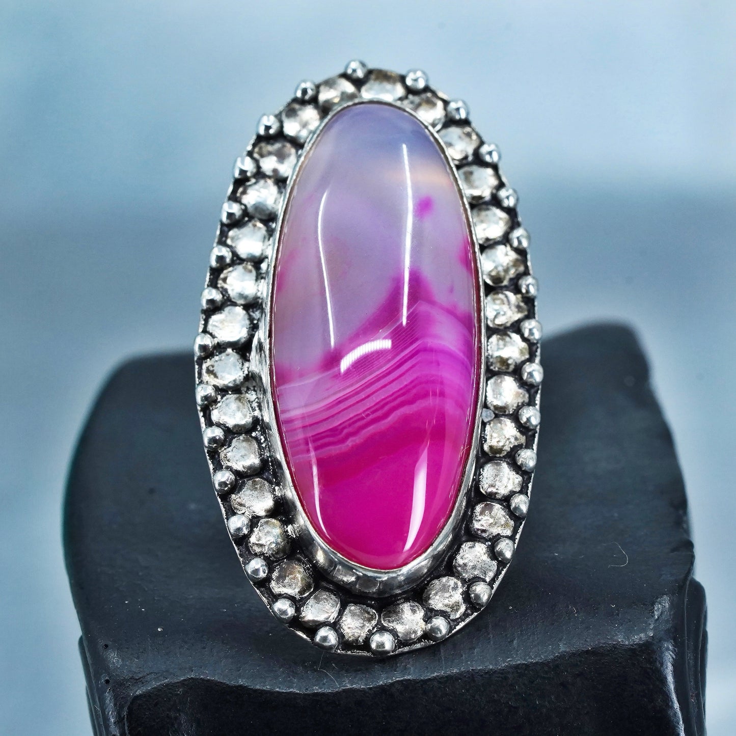 Size 8, vintage Sterling 925 silver handmade ring with landscape pink agate