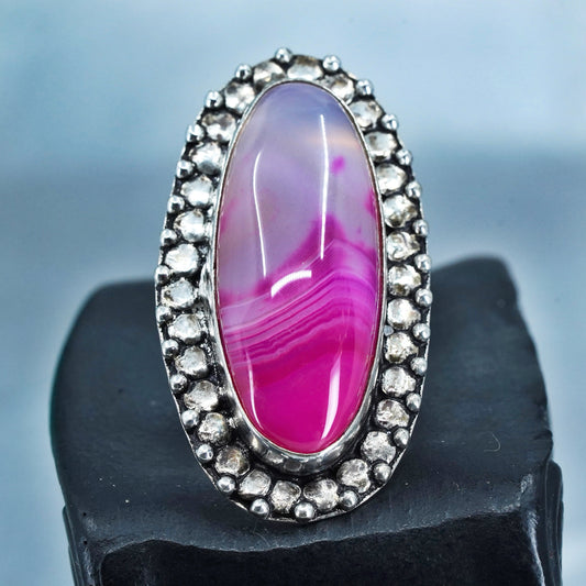 Size 8, vintage Sterling 925 silver handmade ring with landscape pink agate