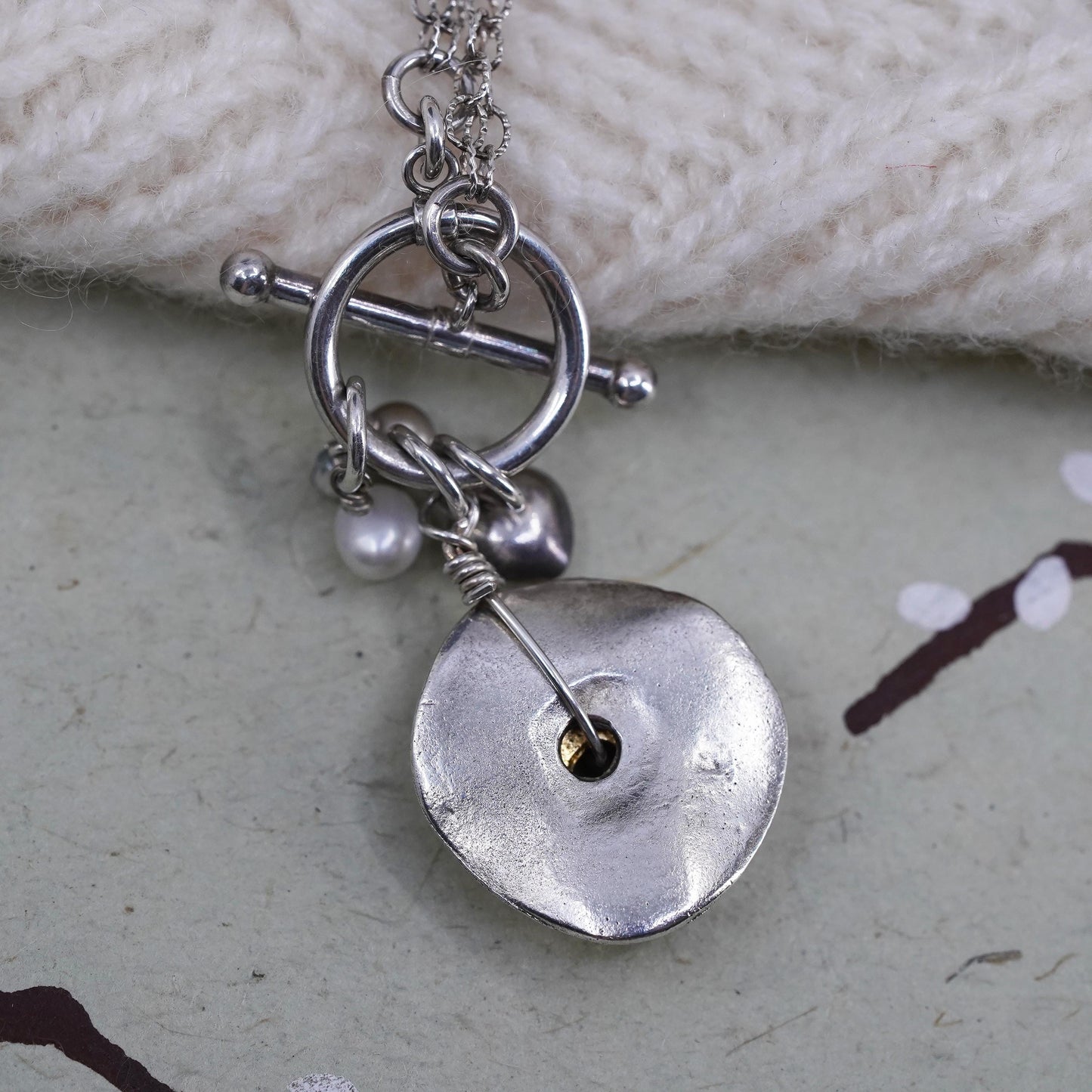 16", southwestern sterling silver double circle chain two tone discs pendant