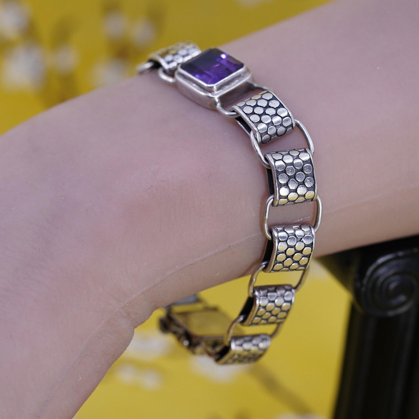 6.75", Vintage Sterling Silver Amethyst Link Bracelet, Beaded Textured chain