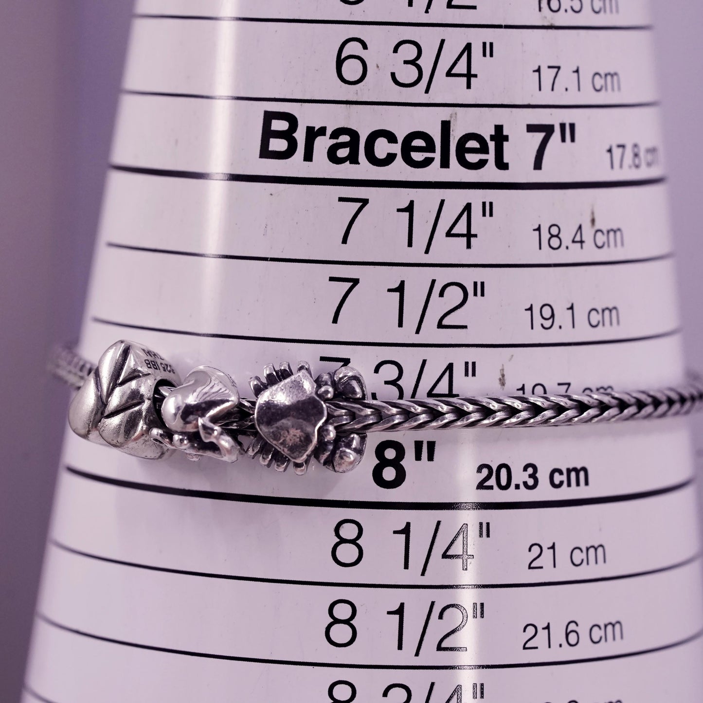 7.75", LAA Trollbeads Sterling Silver 925 wheat Bracelet heart crab leaf charms