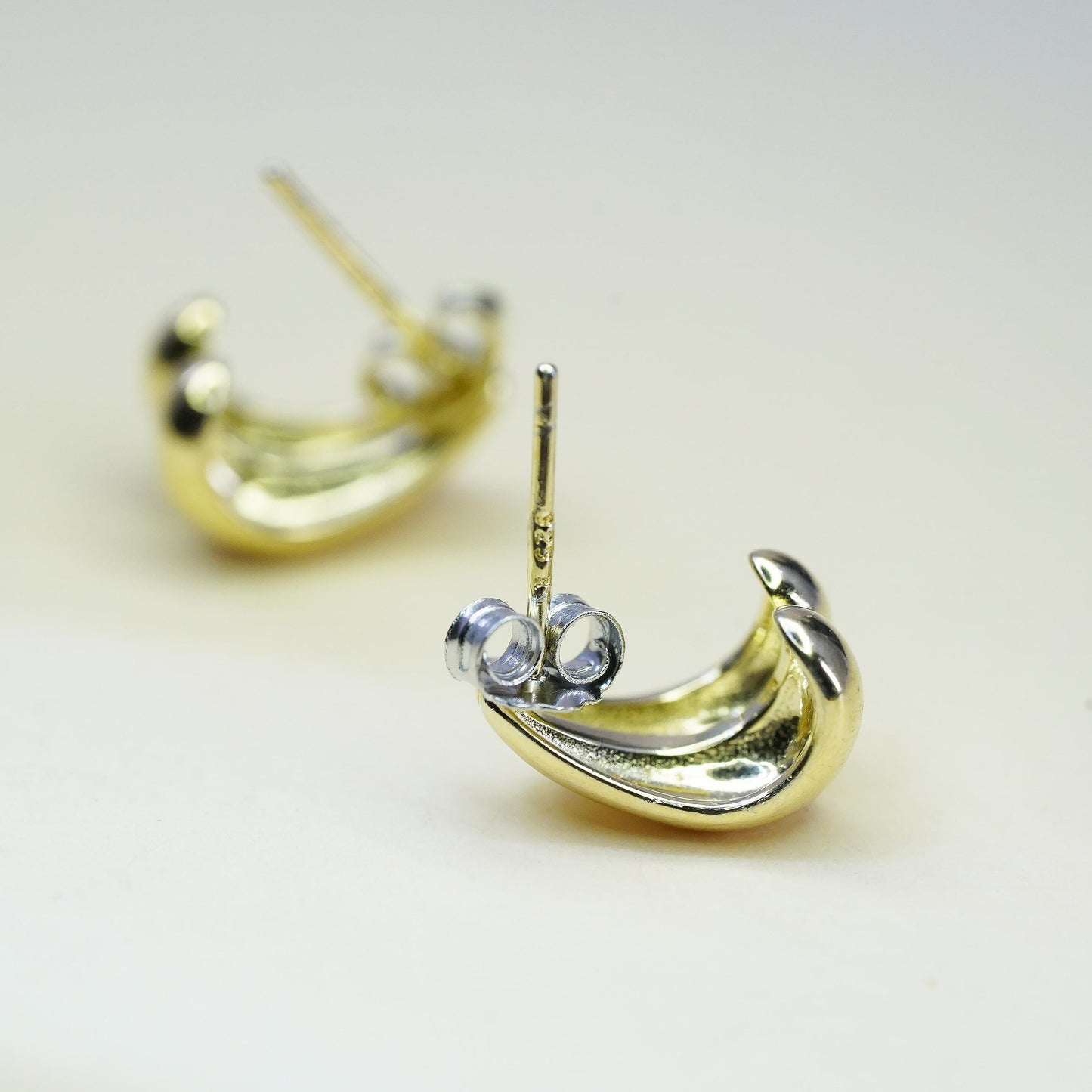 Vintage Yellow Gold Plated Sterling silver handmade earrings, 925 huggie studs