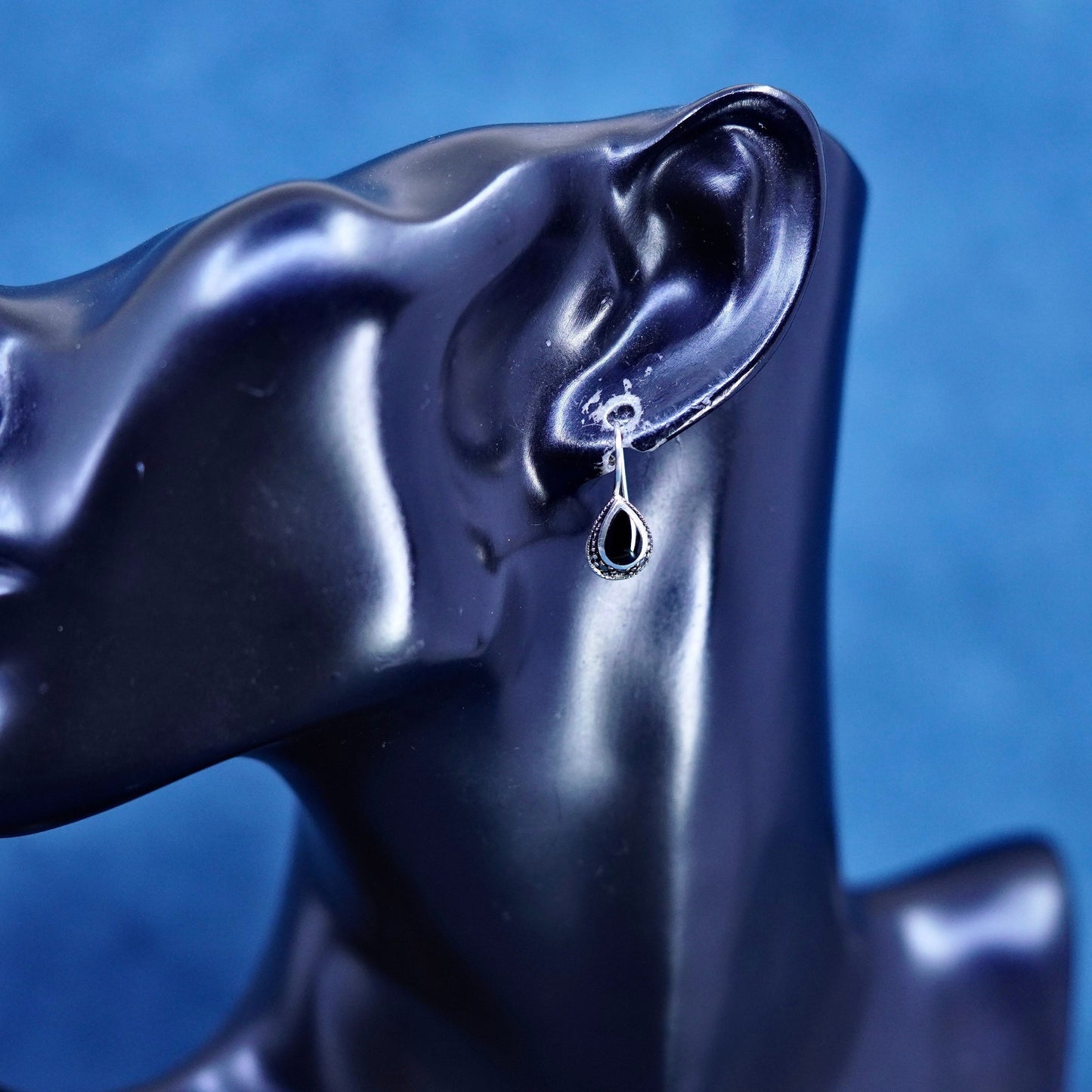 sterling 925 silver handmade teardrop earrings with obsidian and marcasite