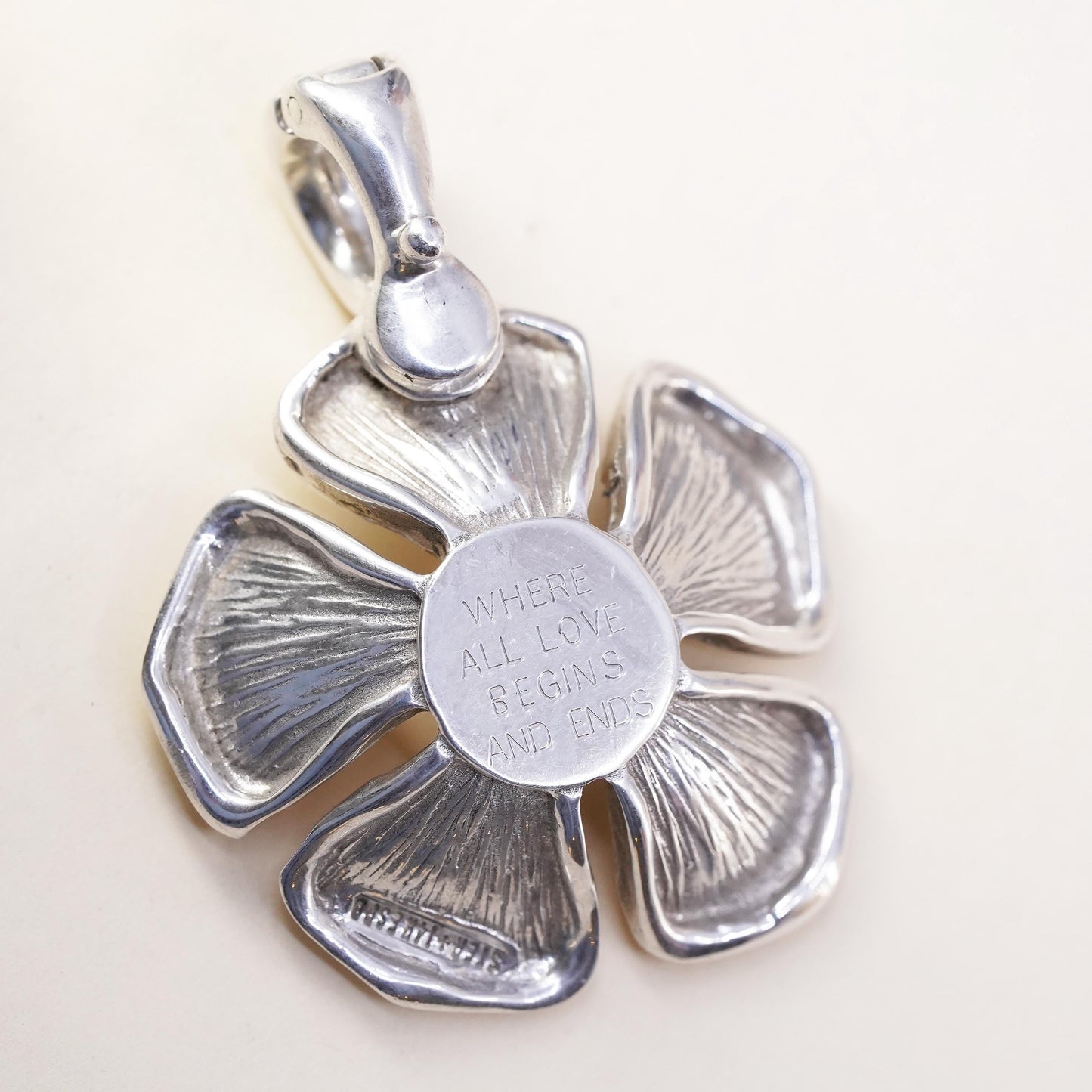 Vintage Signed 925 14K Espo Sig Where All Love Begins and Ends Flower Pendant