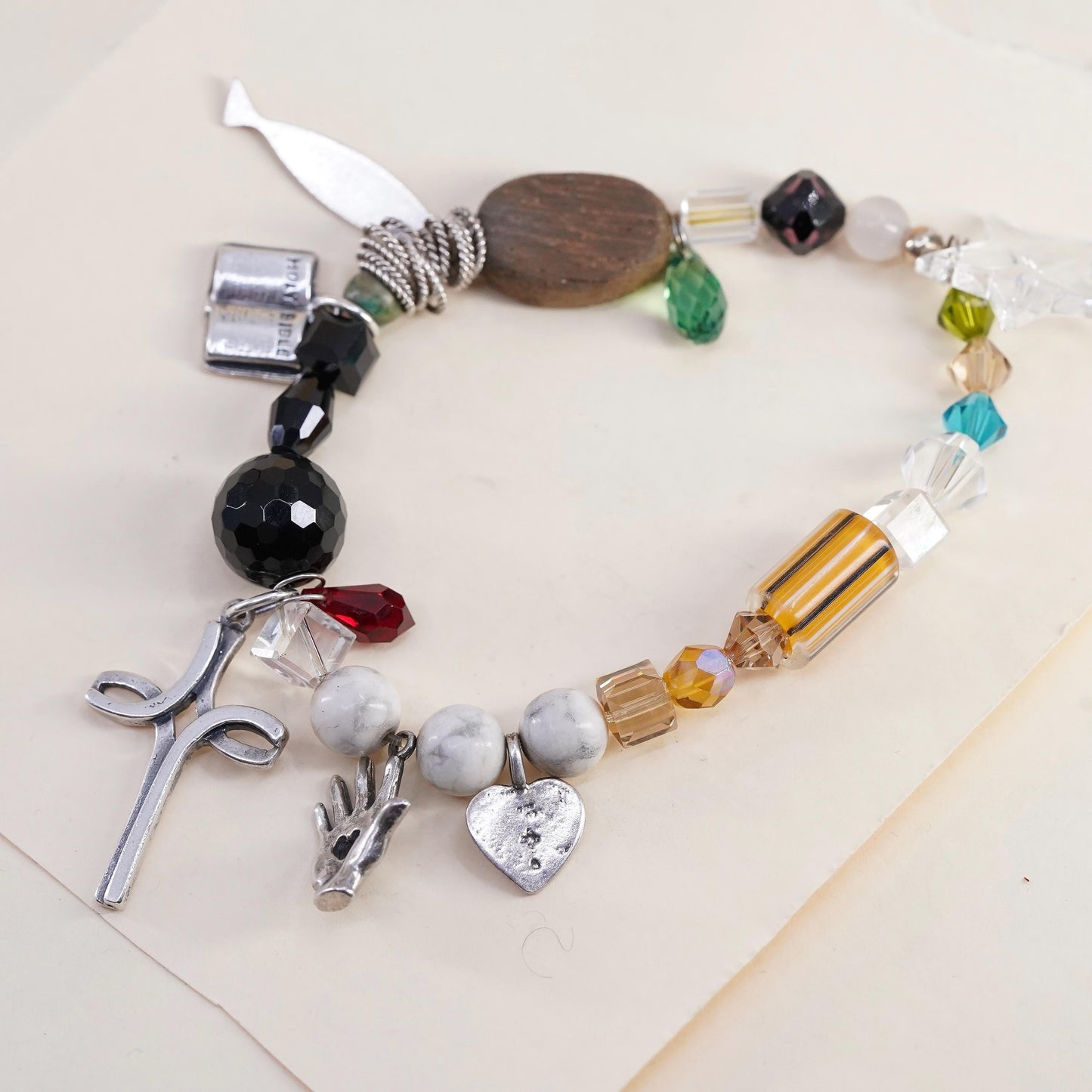 7", stretchy bracelet wood howlite beads prayer cross fish heart bible charms