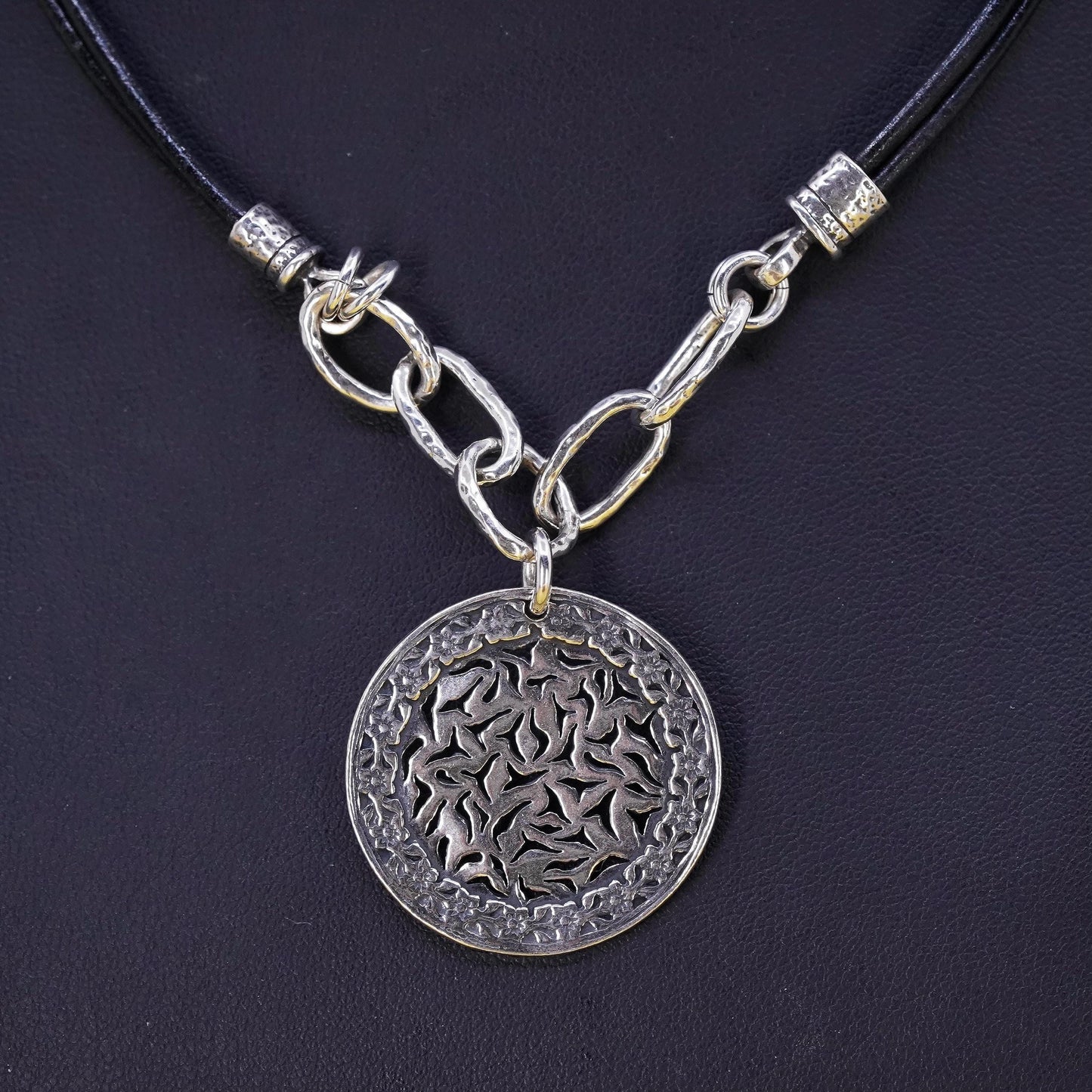 15+2”, Silpada Israel Sterling 925 silver floral Pendant Leather Cord Necklace