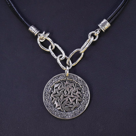 15+2”, Silpada Israel Sterling 925 silver floral Pendant Leather Cord Necklace