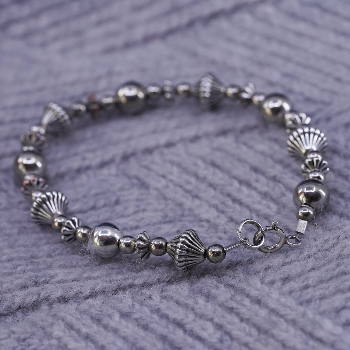 7.25", vintage silver tone handmade beaded bracelet
