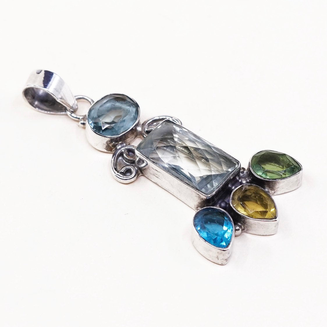 VTG Sterling silver handmade pendant, 925 w/ cushion cut colorful crystal