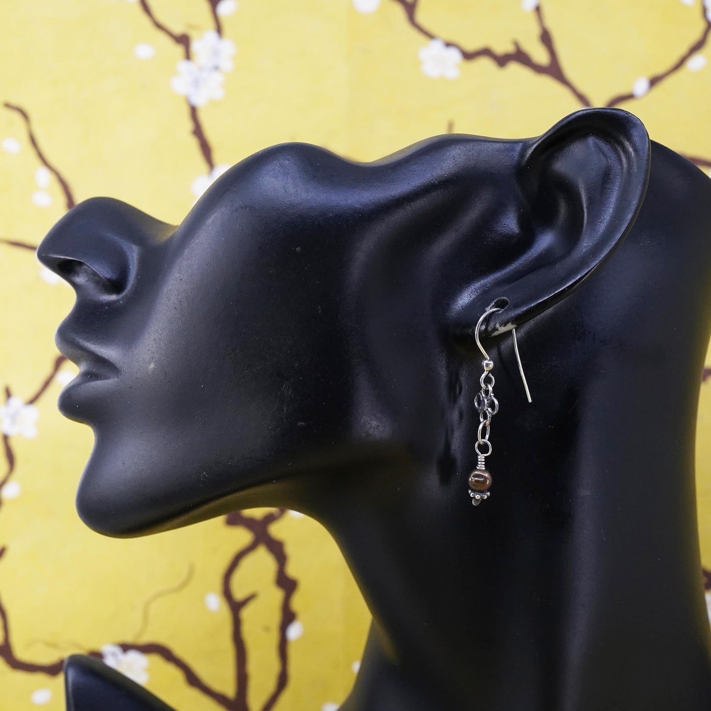 Vintage Sterling 925 silver handmade earrings with pearl and flower dangles