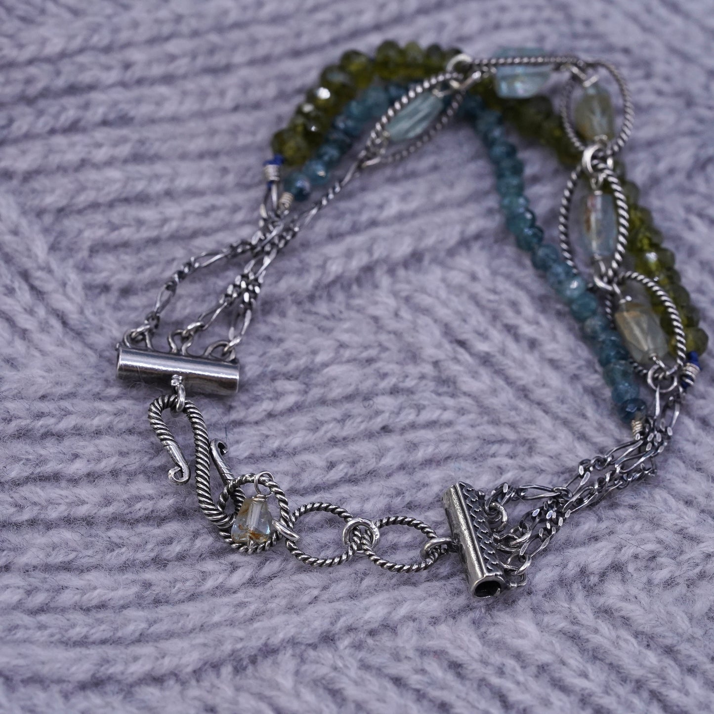 7.25", Sterling silver handmade multi strands bracelet with green peridot beads