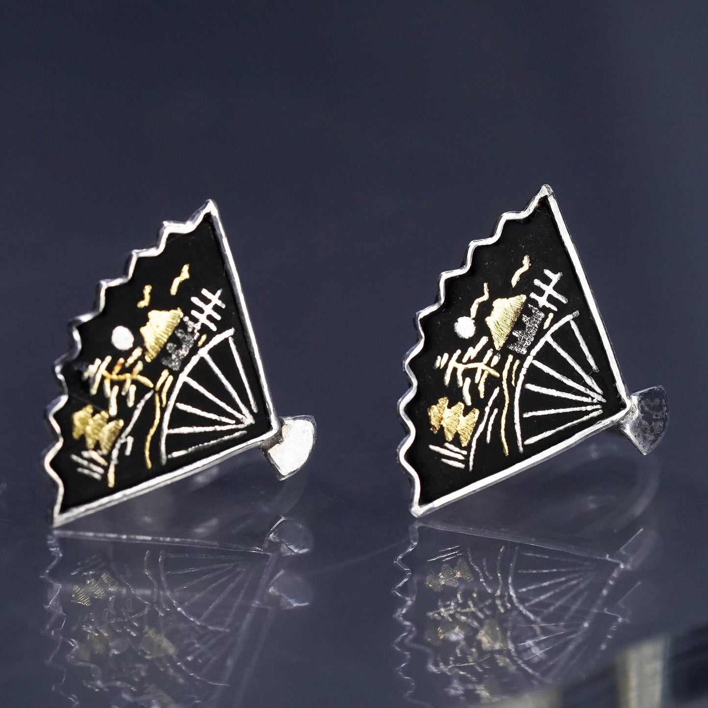 925 Sterling Silver Japanese Damascene Enamel Painted Screw Back Fan Earrings