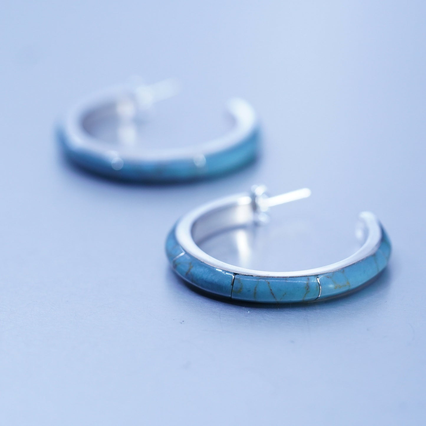 1.5”, Mexican Sterling silver handmade earrings, 925 huggie hoops w/ turquoise