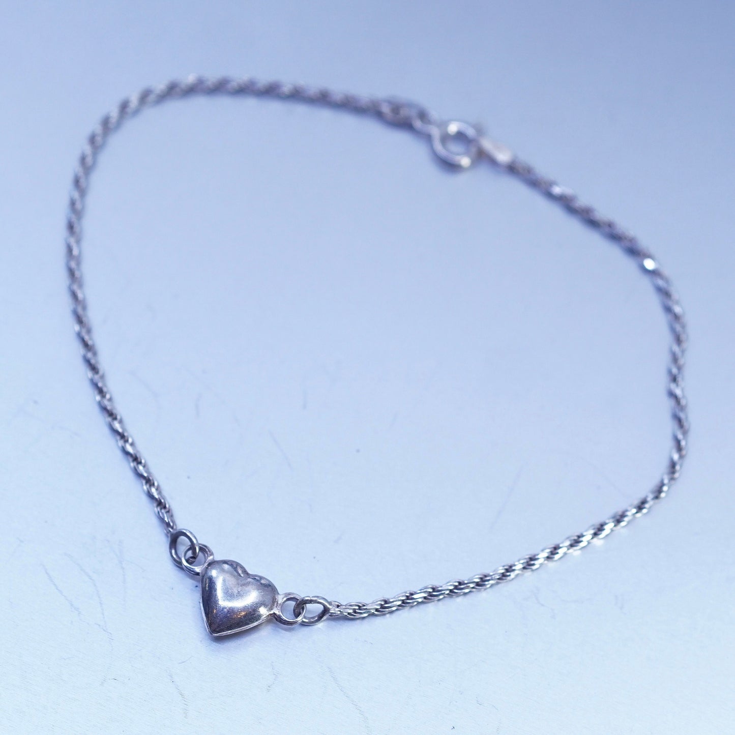 8.75”, Italy Sterling 925 silver bracelet anklet, rope chain heart charm