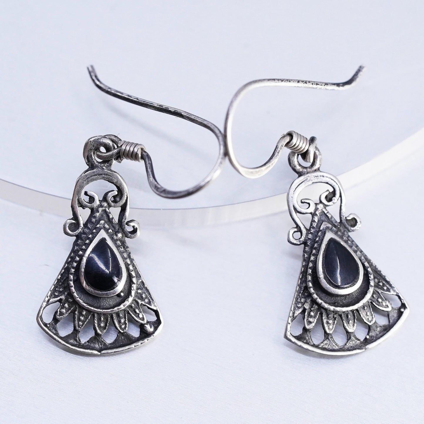Vintage Sterling 925 silver handmade fan shaped earrings with black onyx