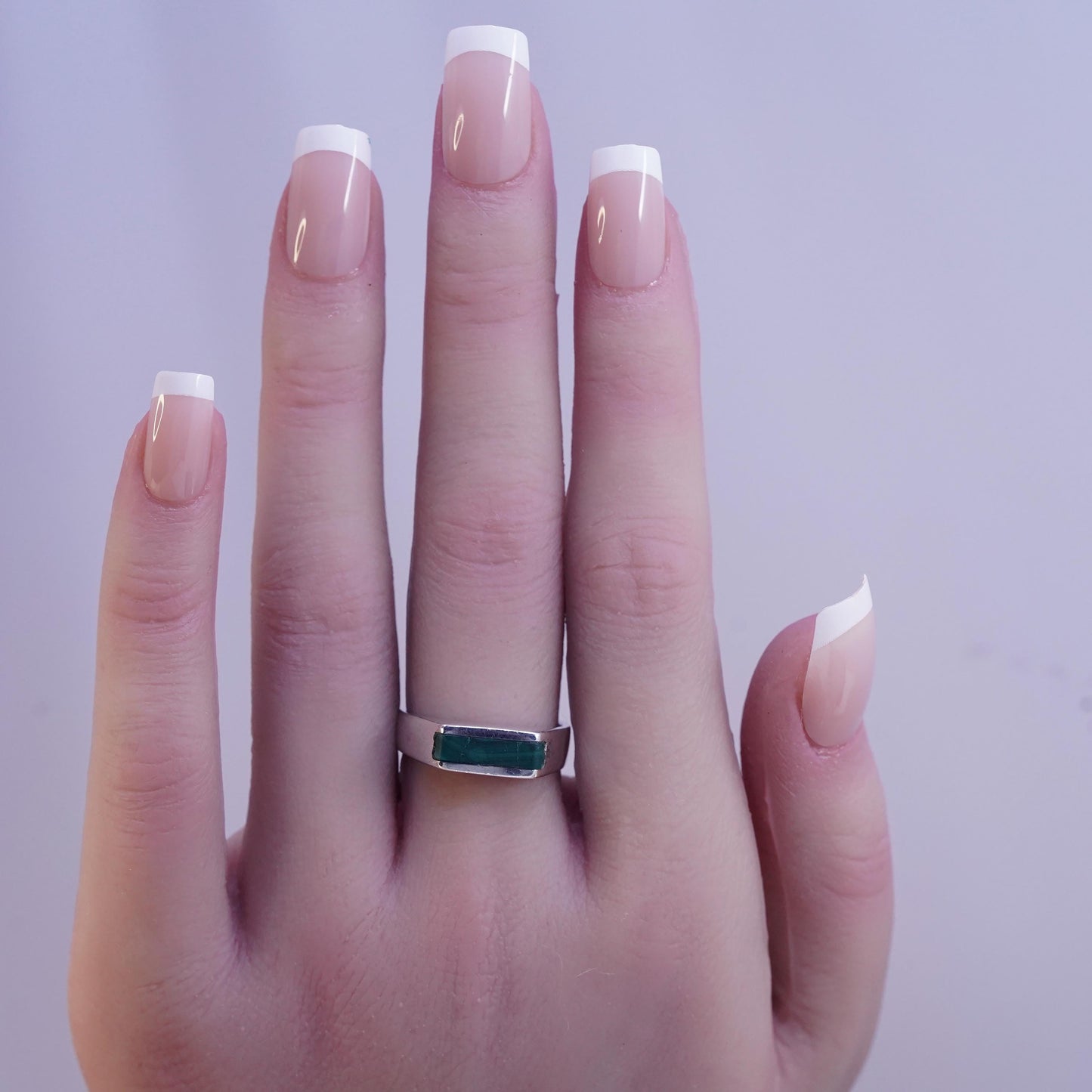 Size 7.25, vintage Sterling silver engagement ring, 925 band with malachite