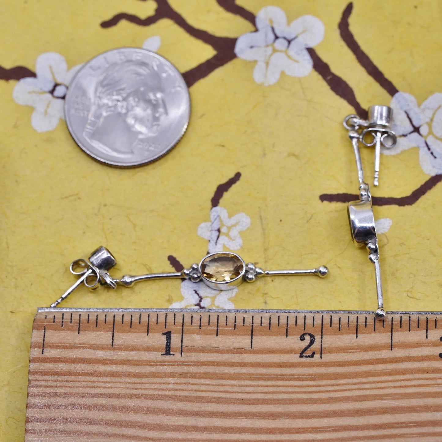 Vintage Sajen sterling 925 silver handmade long earrings with citrine