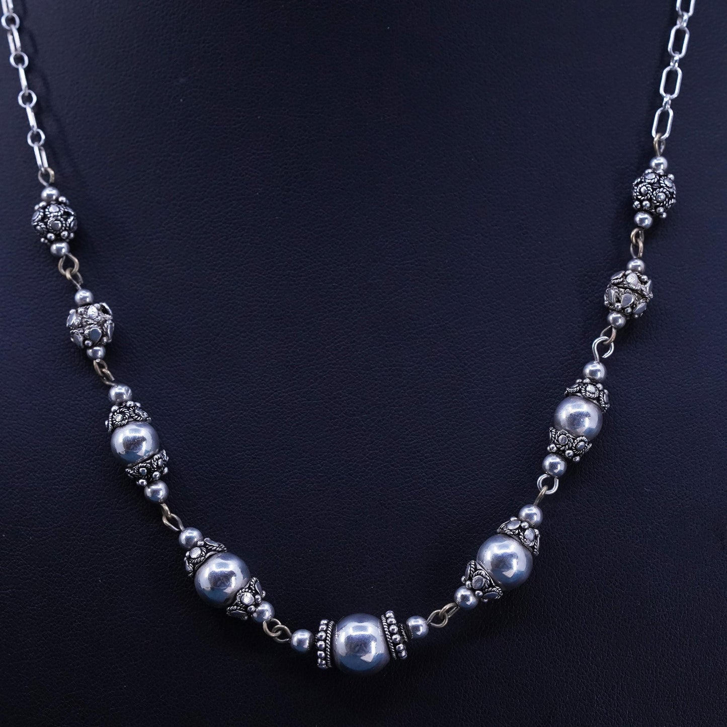 19”, vintage Sterling silver handmade necklace, 925 elongated chain 10mm beads