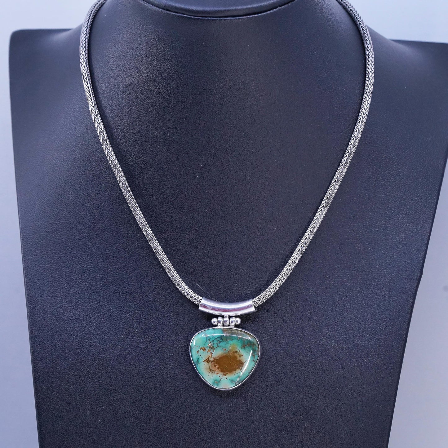 16", vintage Sterling 925 silver bold wheat chain necklace turquoise pendant