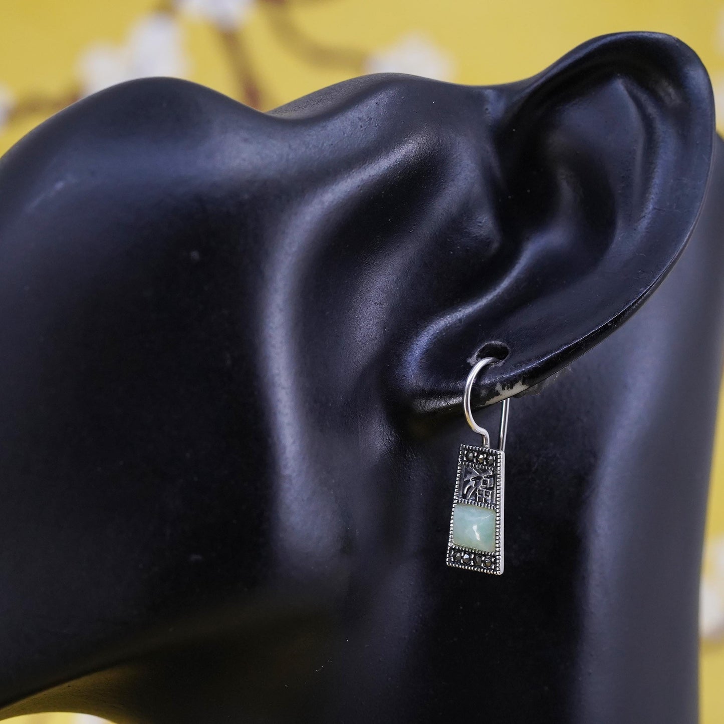 Sterling 925 silver Chinese word “happiness” earrings with jade and marcasite