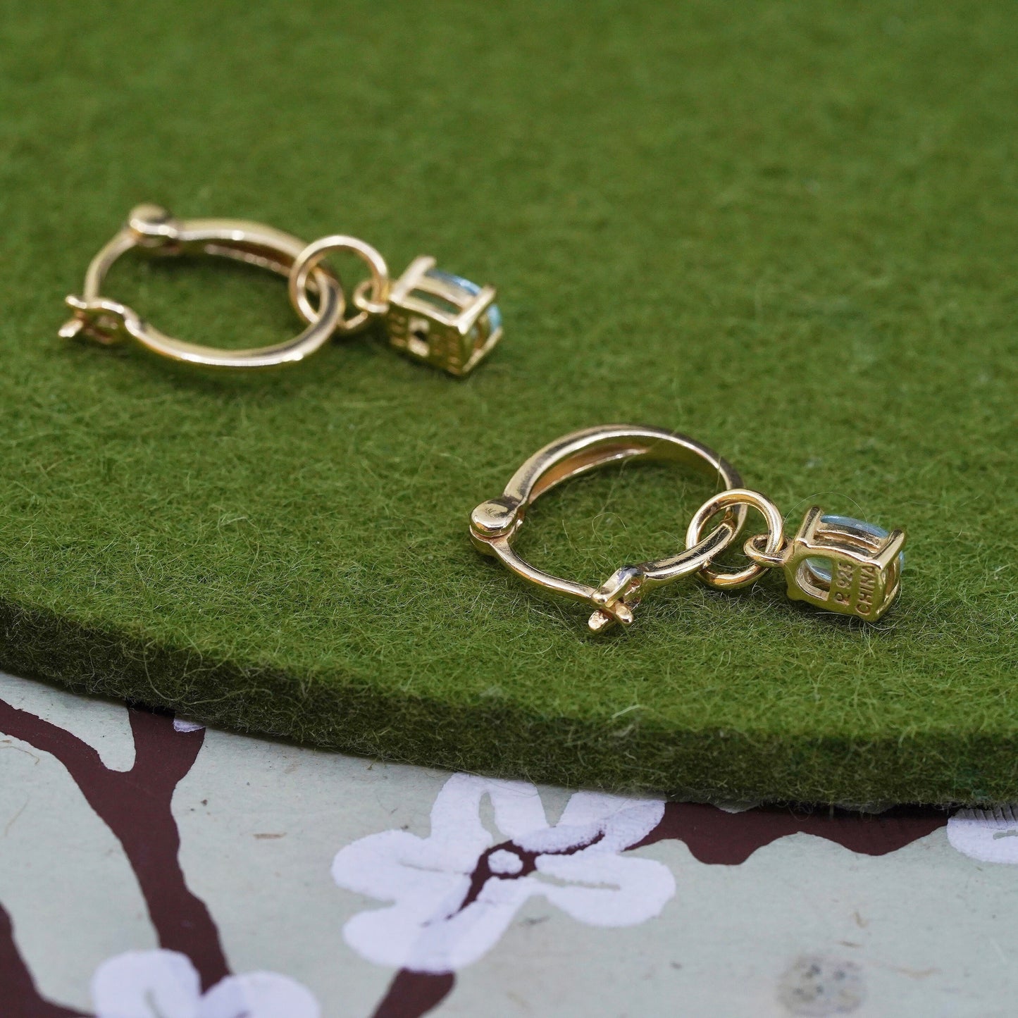 0.5”, vermeil gold sterling silver earrings, 925 hoops, huggie blue crystal