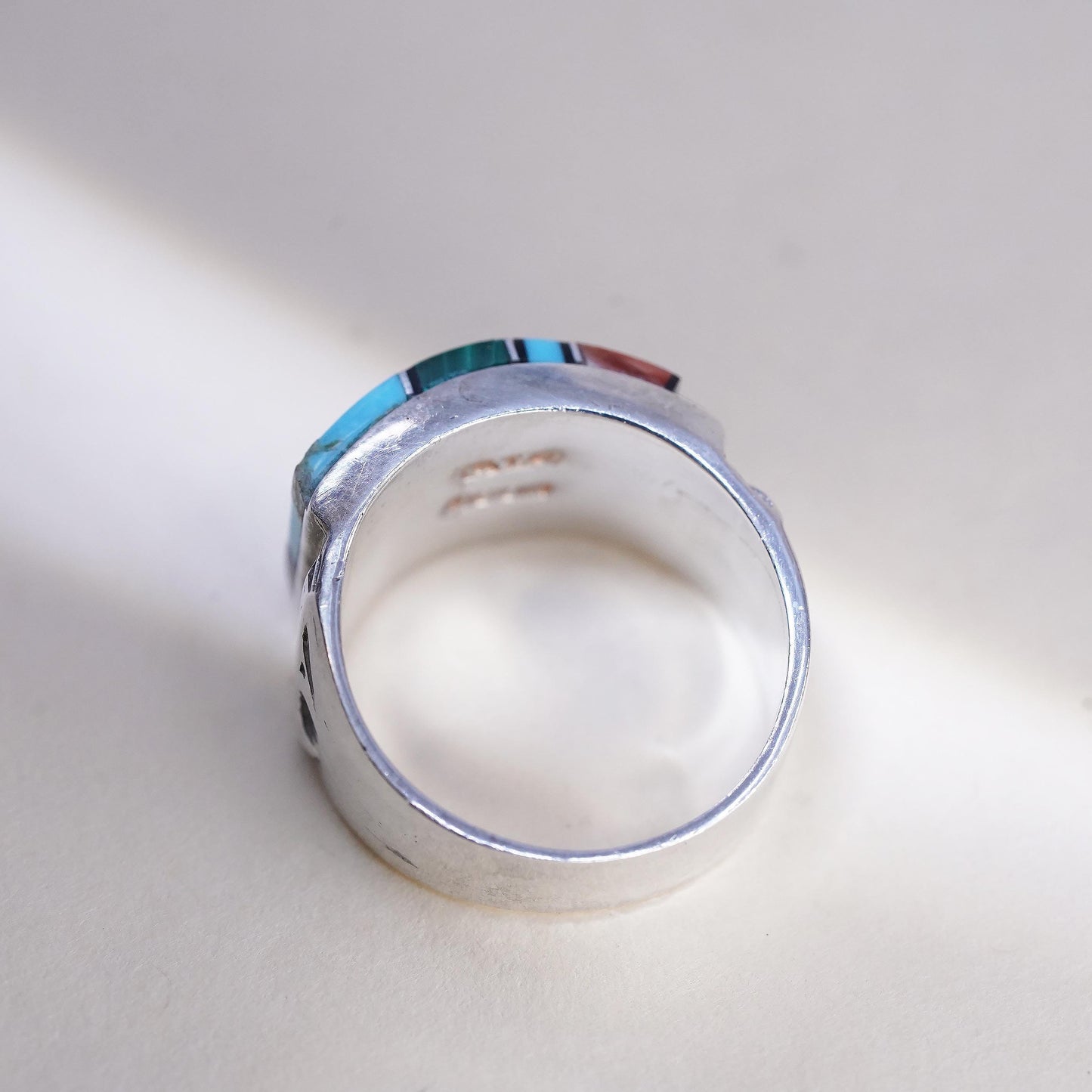 Size 8.25, Native American QT Sterling Silver Ring, Turquoise Coral Mosaic Band