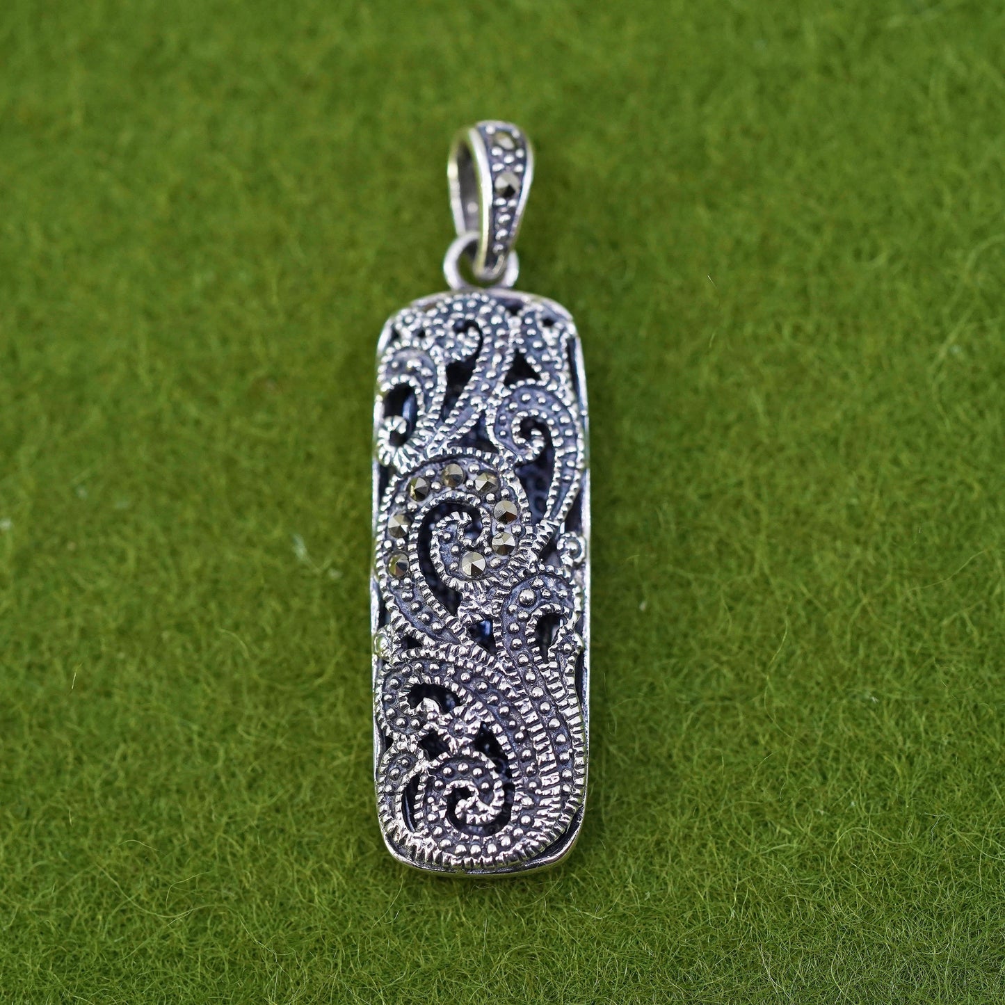 Sterling silver prayer box pendant, filigree 925 locket charm with Marcasite