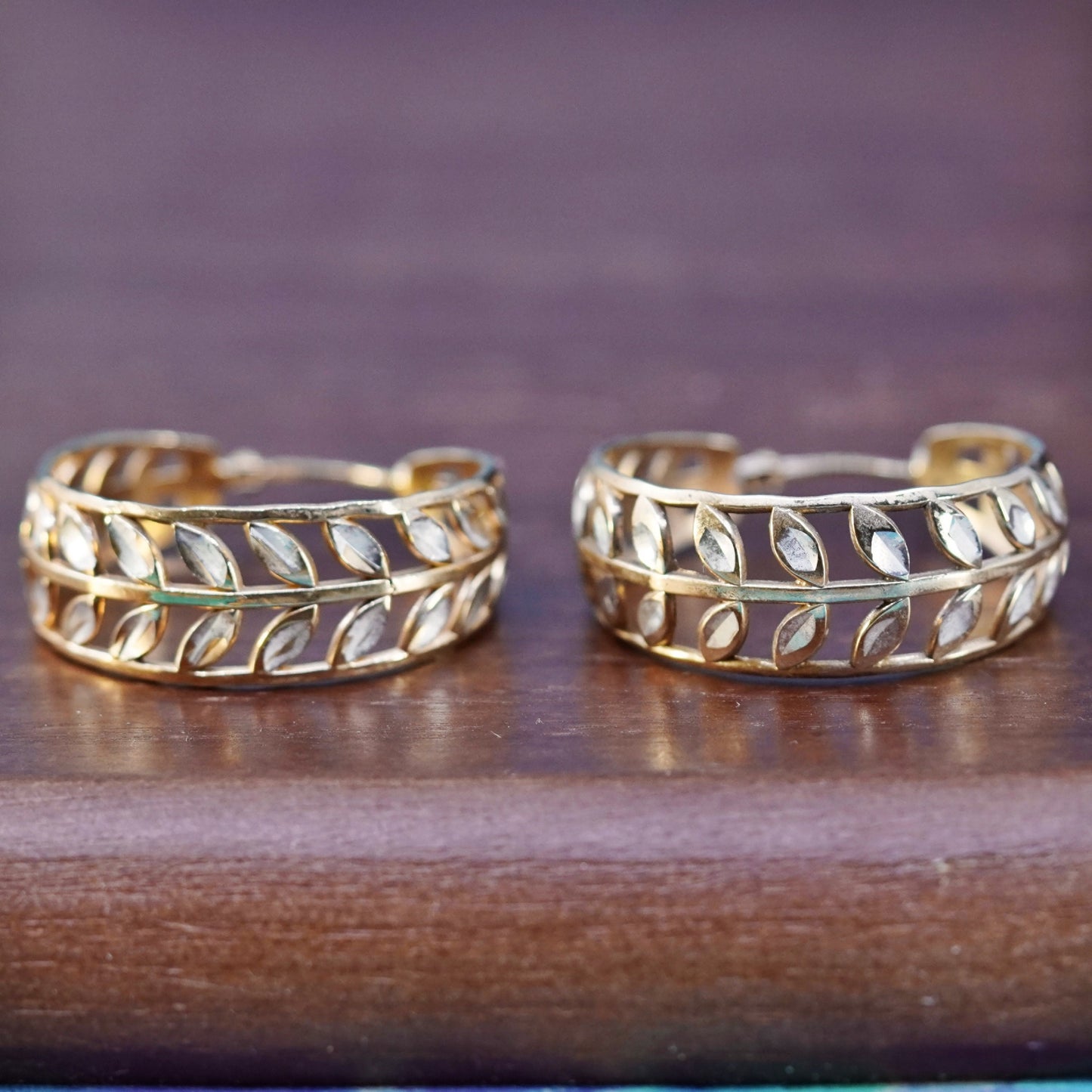 1”, vintage vermeil gold over Sterling silver earrings, 925 leafy hoops