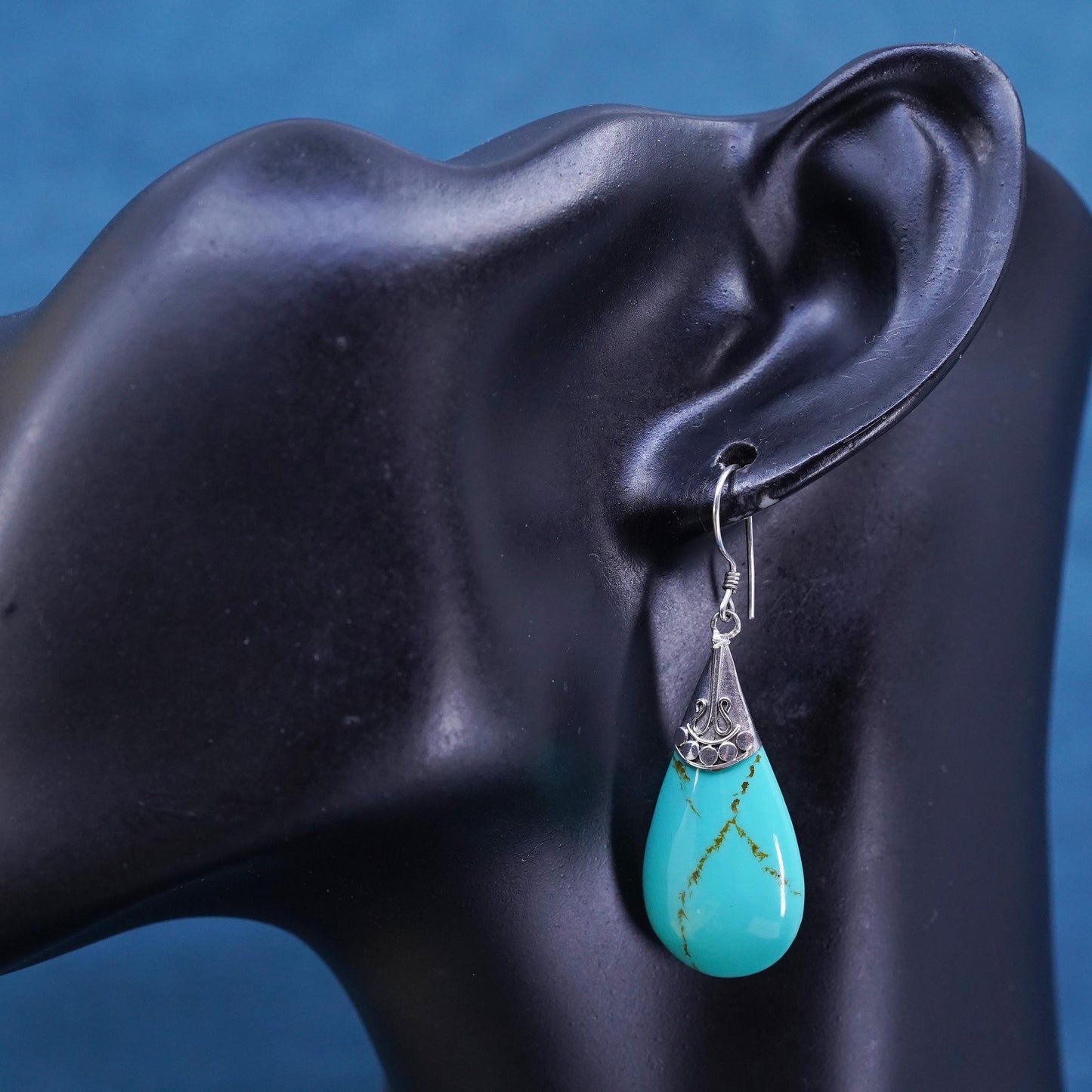 Vintage sterling 925 silver handmade teardrop earrings with turquoise beads