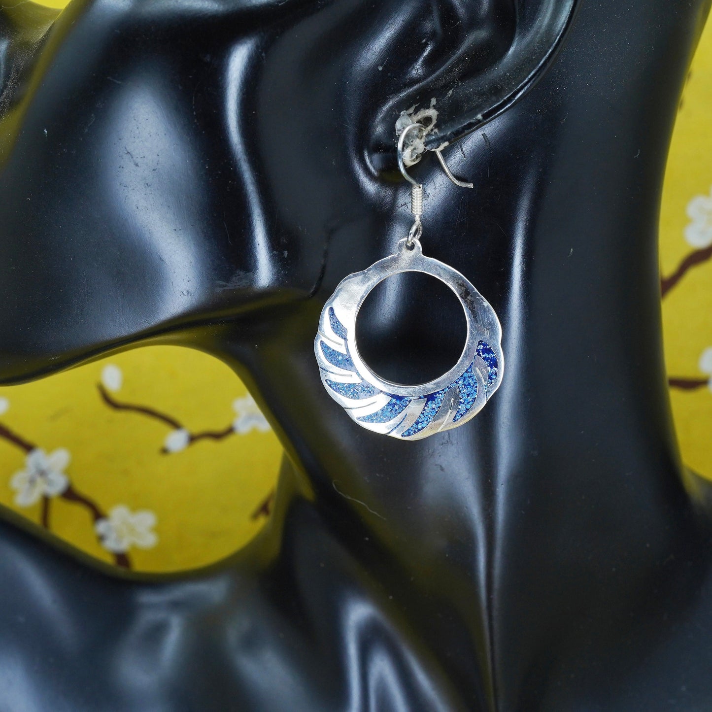 Sterling silver handmade earrings, Mexico 925 silver circle turquoise Inlay
