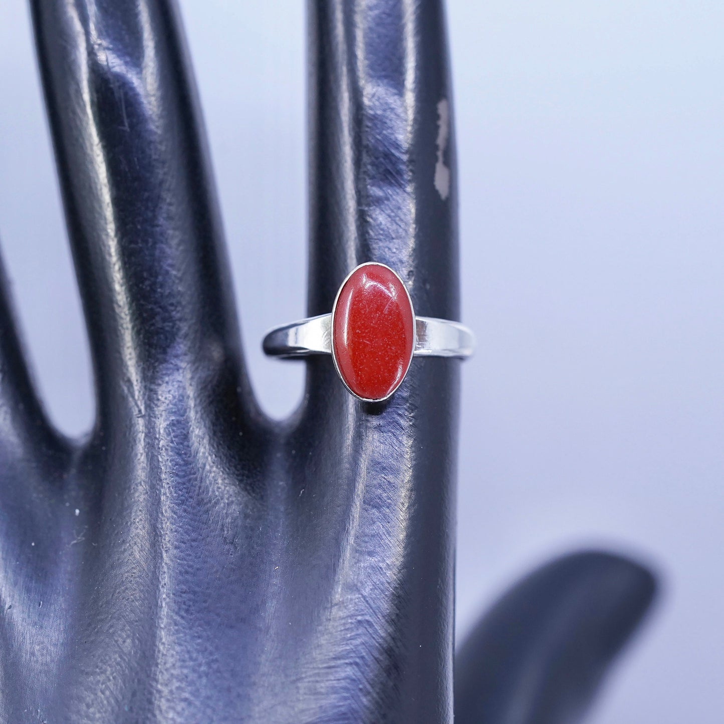 Size 6.25, southwestern Sterling 925 silver handmade band ring with oval coral