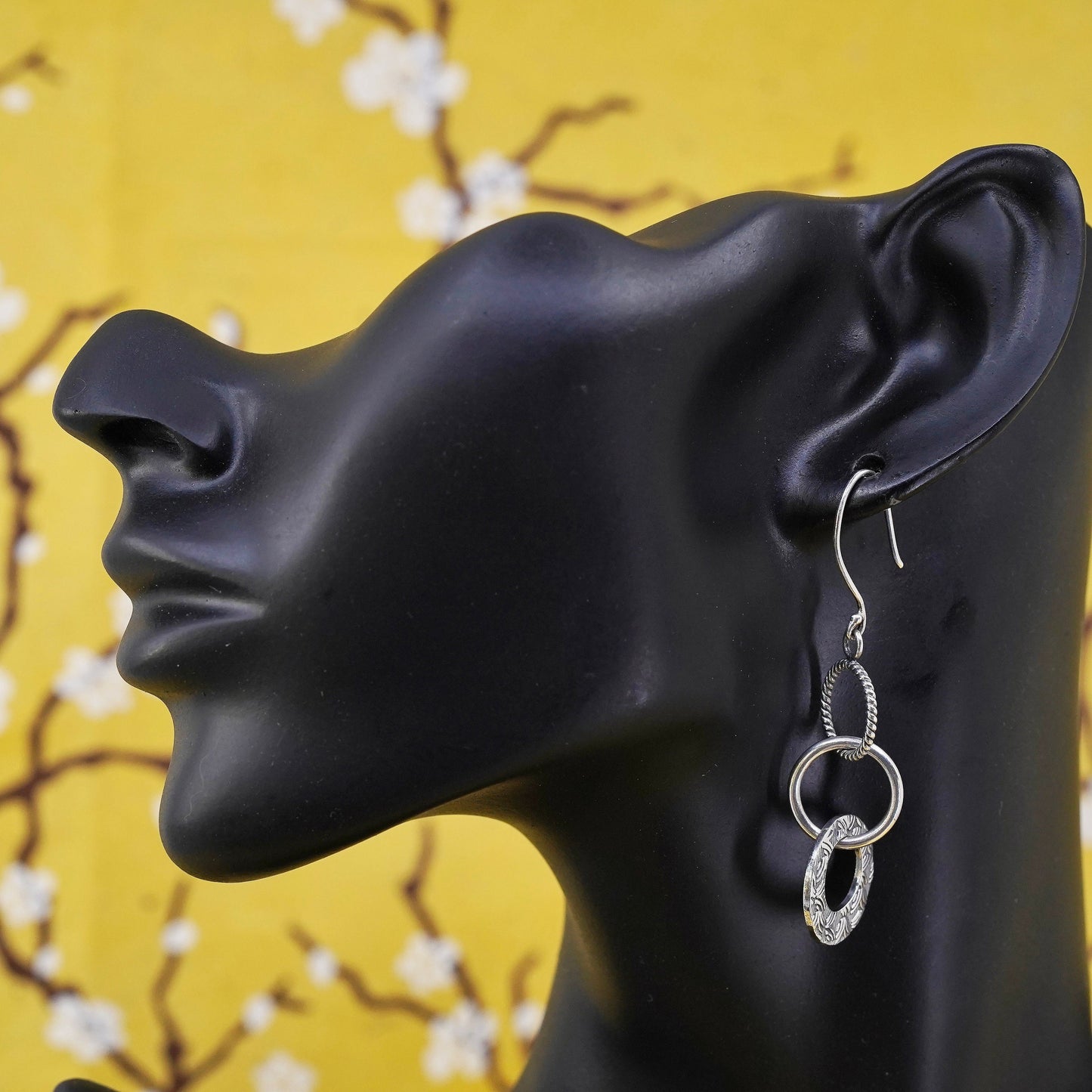 2”, Sterling silver handmade earrings, 925 entwined textured circles dangle