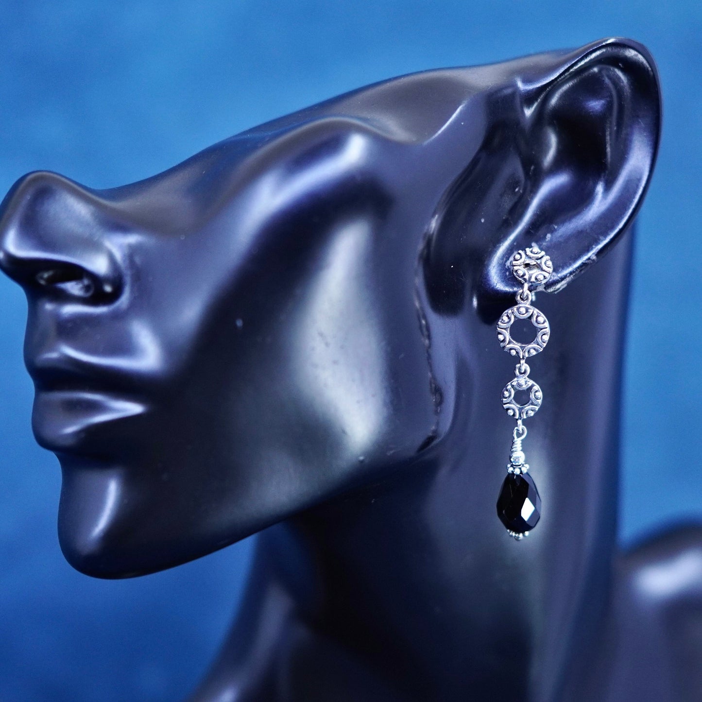 Vintage Sterling 925 silver handmade earrings with teardrop obsidian