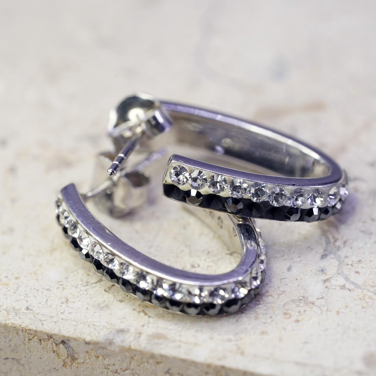 Vintage Sterling silver handmade earrings, 925 huggie studs with cluster cz