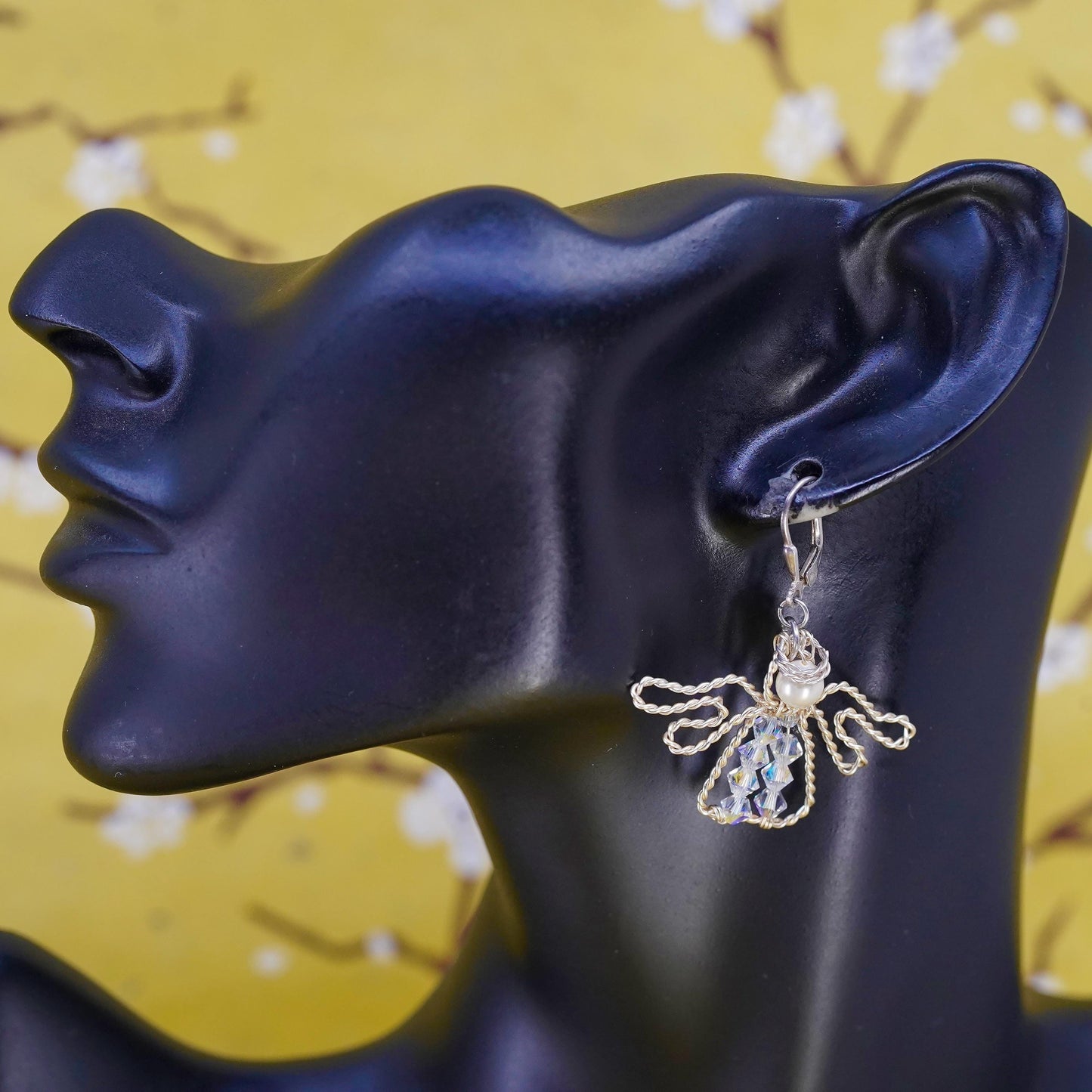 Vintage Sterling 925 silver handmade wired cable Angel earrings pearl crystal