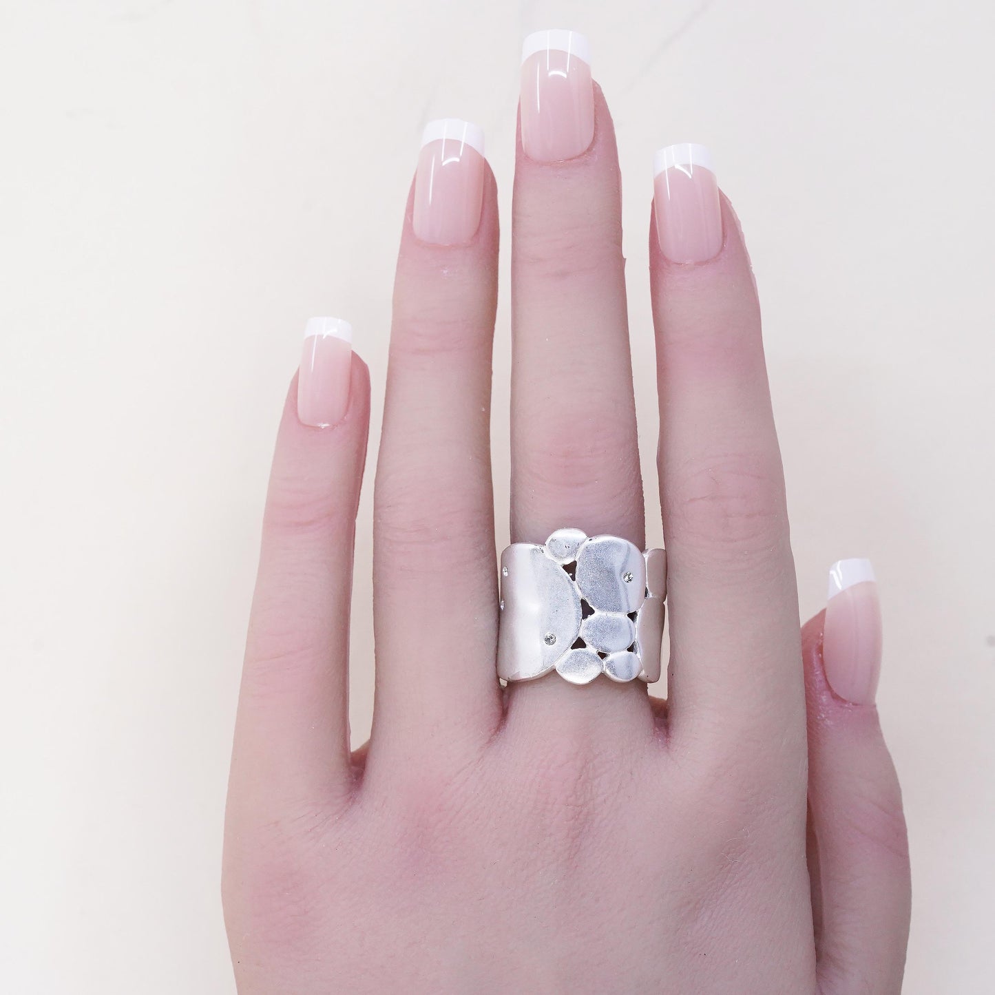 Size 8.25, vintage KC sterling silver cz ring, pebble textured 925 wide band